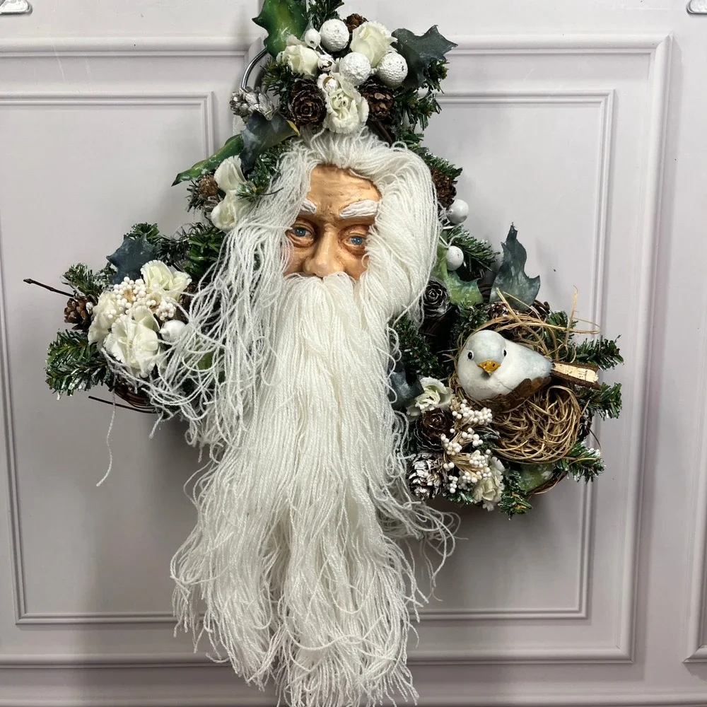 Vintage Santa Claus Wall‎ Hanging Christmas Decor 14 in White Rustic Bird Nest